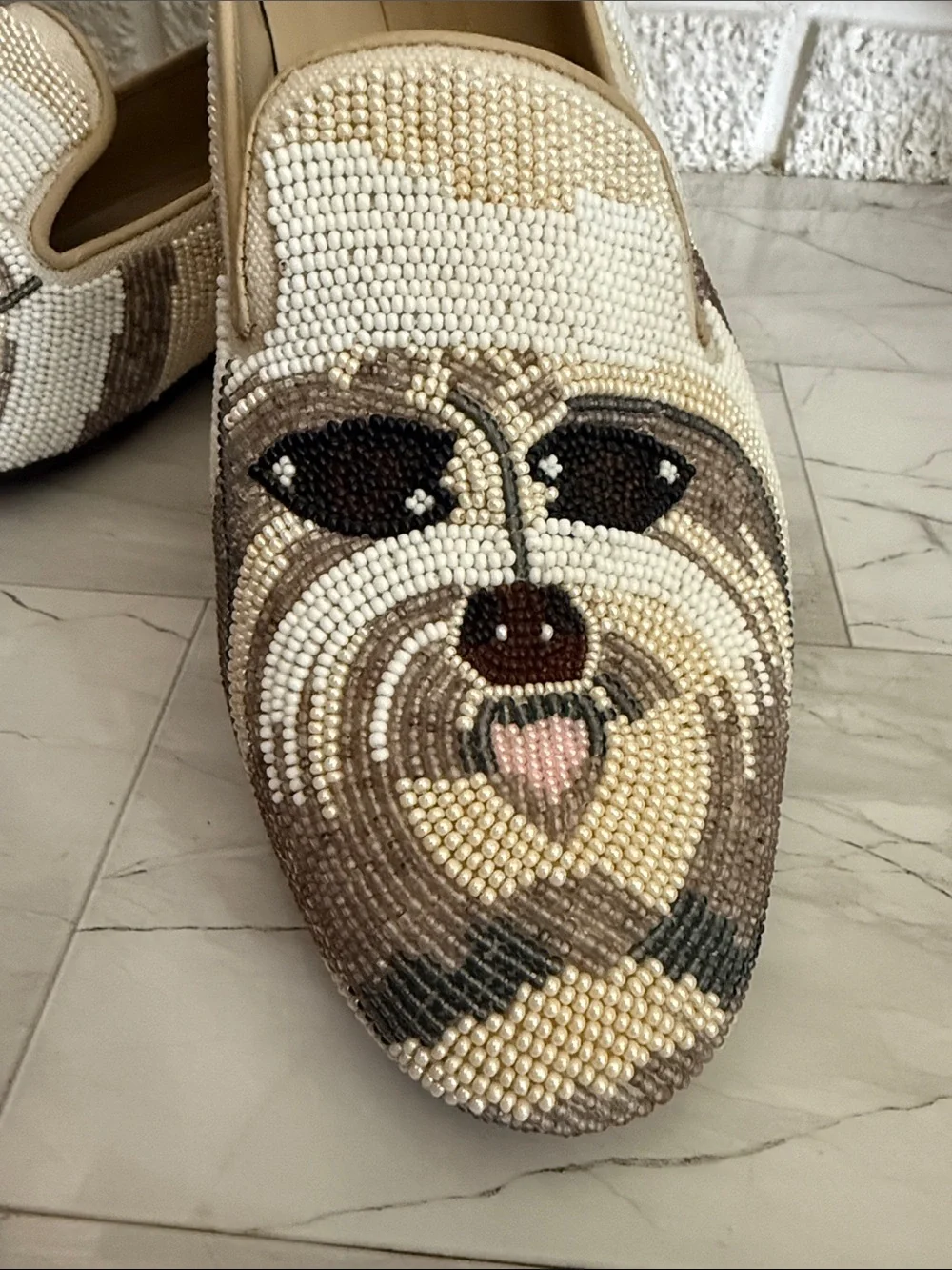 Donald J Pliner Beaded Dog Face Loafers in Beige and Tan